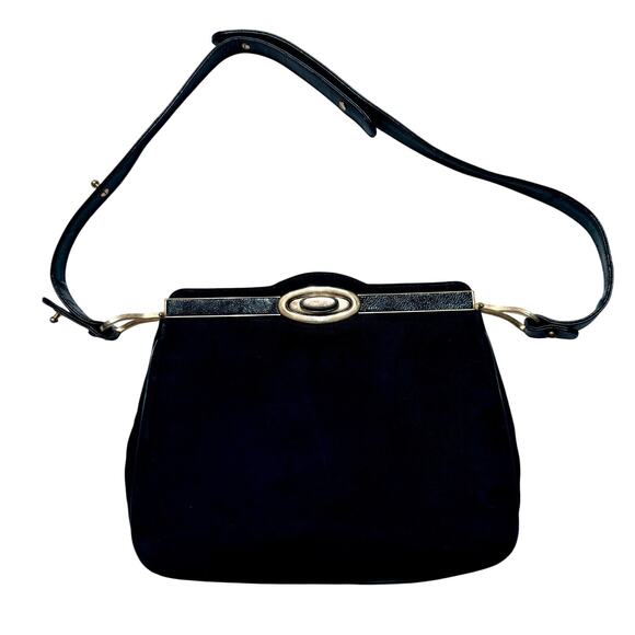 VTG Crouch & Fitzgerald Black Suede Frame Bag & Adjustable Strap – 1950s Classic - Picture 1 of 9